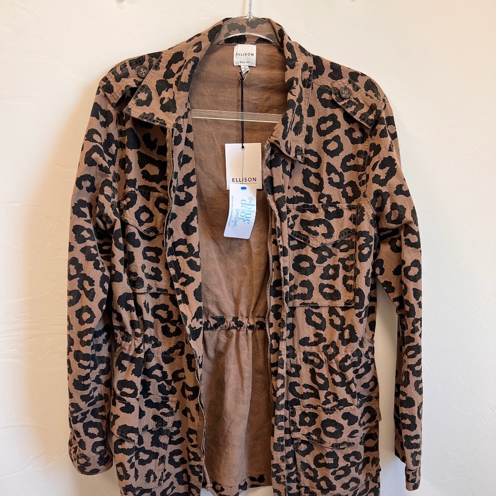 Ellison Leopard Brown Beige Utility Cotton Cinched Waist Zip Up Jacket